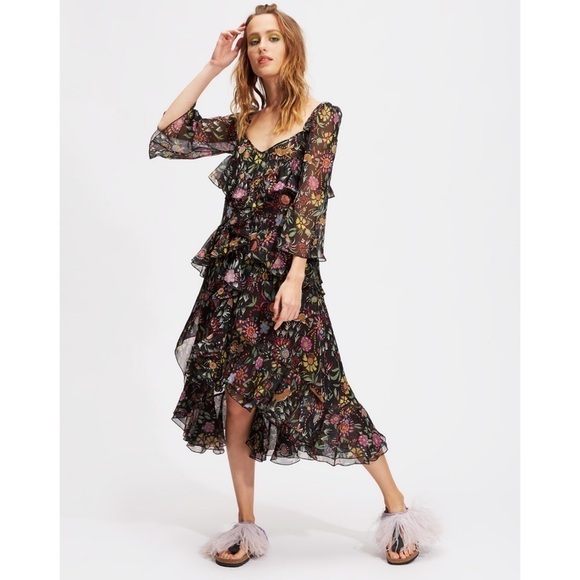 La DoubleJ Sissi Tiered Ruffle Midi Dress Babe in Silk Chiffon XS - Picture 4 of 17